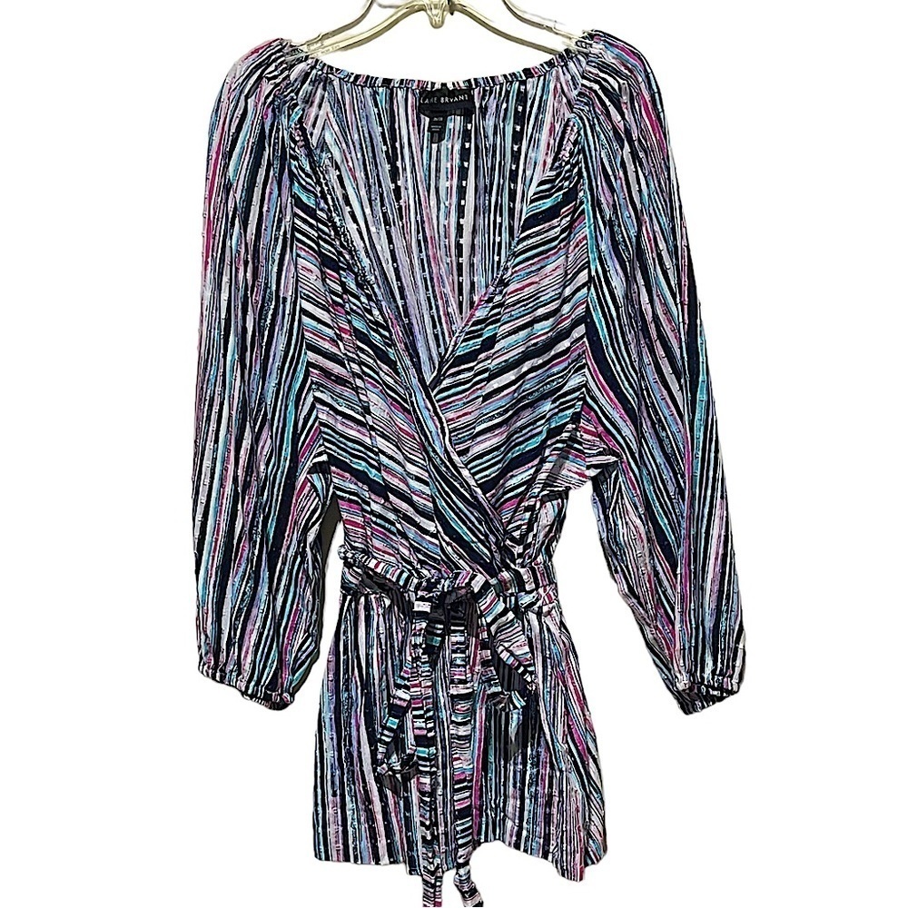 LANE Bryant Women's Striped Faux Wrap Elastic Waist 3/4 Sleeve Top Cotton 26/28